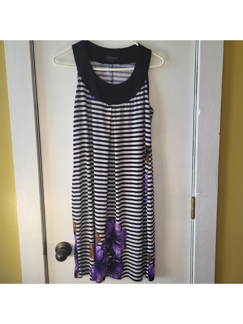 En Focus Studio sleeveless black & white striped dress has purple floral print 8
